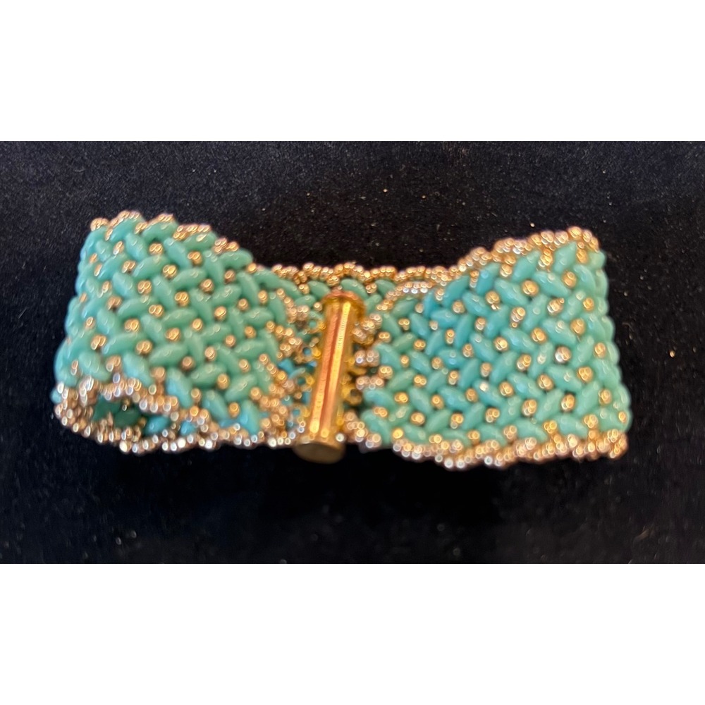 Handmade Women 7" Beaded Cuff Bracelet Turquoise Gold Woven Slide Clasp Western‎